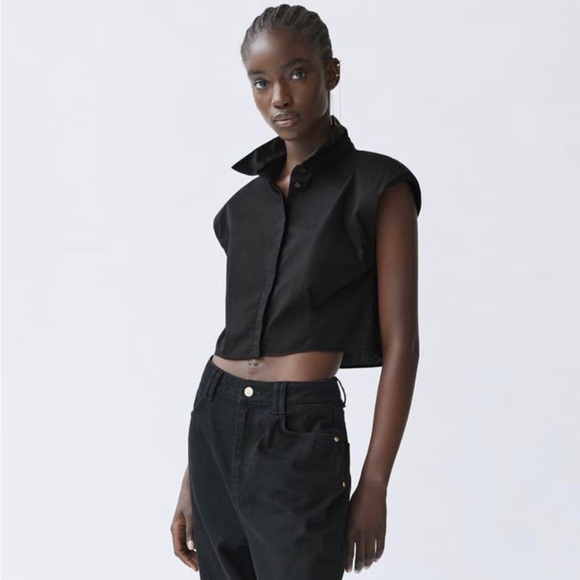 Zara Shoulder Pad Poplin Crop Shirt - Picture 3 of 8